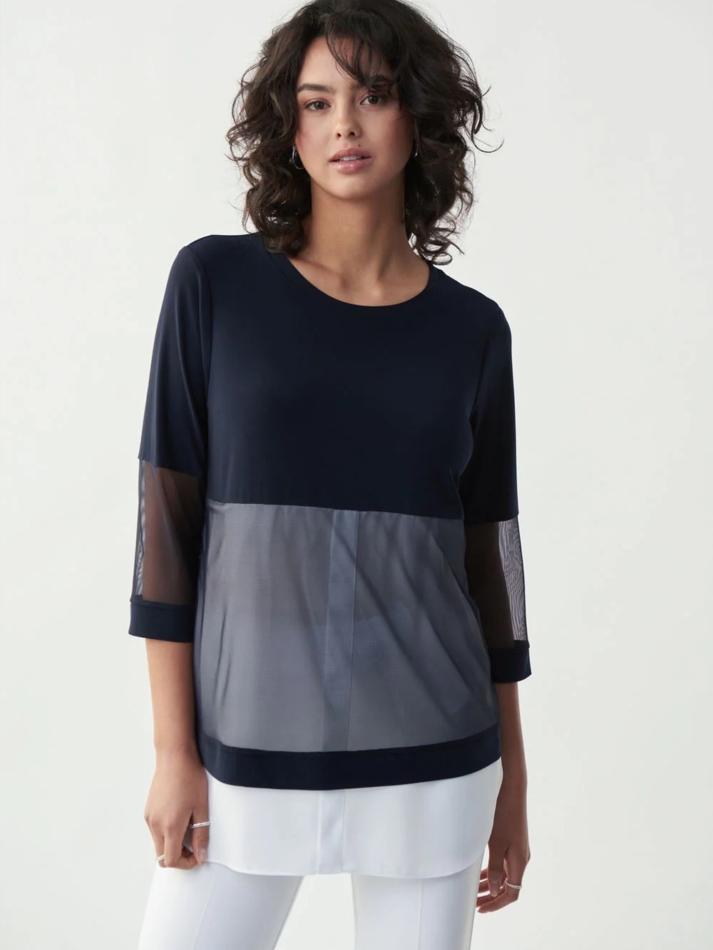 Joseph Ribkoff Midnight Navy Blue White Sheer Panel Top Blouse 3/4 Sleeve